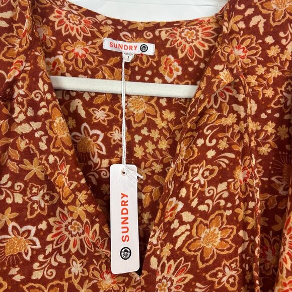 NWT Sundry Midi Dress Brown Orange Floral Cotton Boho Oversized Puff Sleeve S 1 - Picture 3 of 15